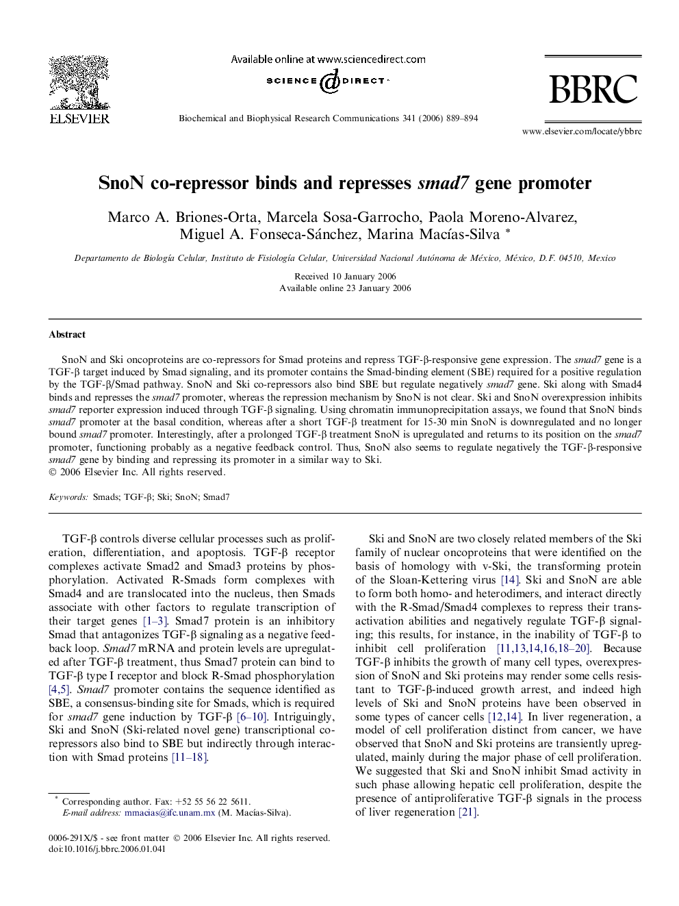 SnoN co-repressor binds and represses smad7 gene promoter