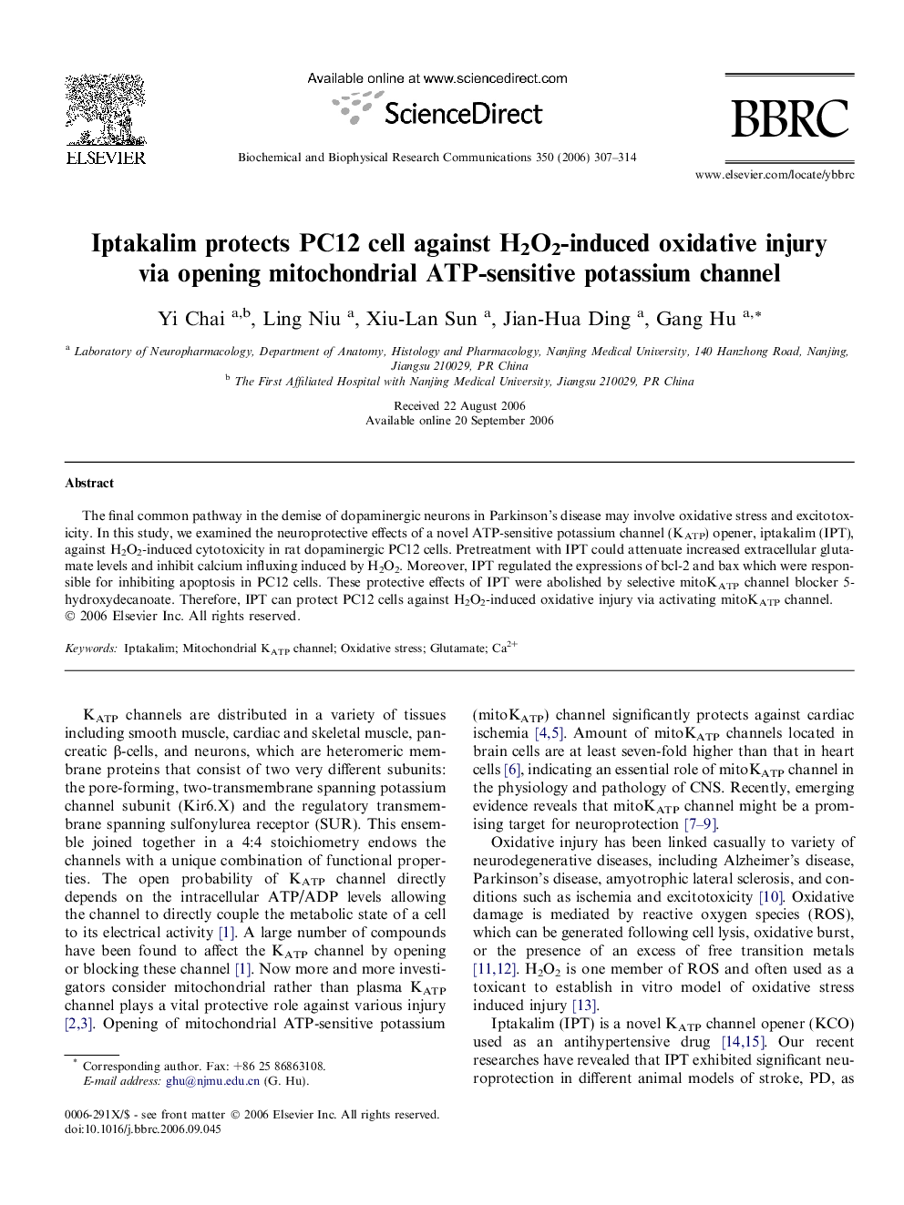 Iptakalim protects PC12 cell against H2O2-induced oxidative injury via opening mitochondrial ATP-sensitive potassium channel