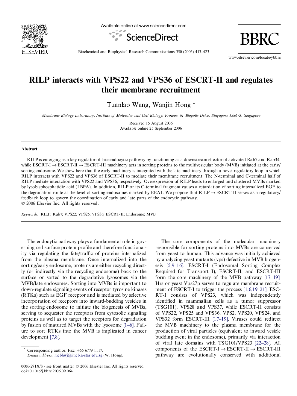 RILP interacts with VPS22 and VPS36 of ESCRT-II and regulates their membrane recruitment