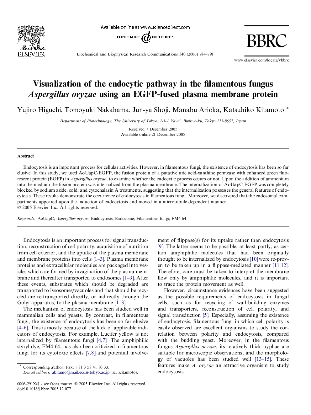 Visualization of the endocytic pathway in the filamentous fungus Aspergillus oryzae using an EGFP-fused plasma membrane protein