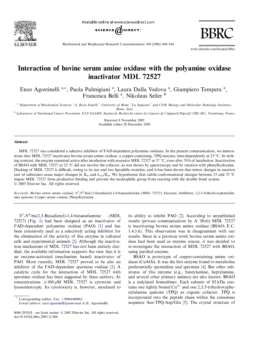 Interaction of bovine serum amine oxidase with the polyamine oxidase inactivator MDL 72527