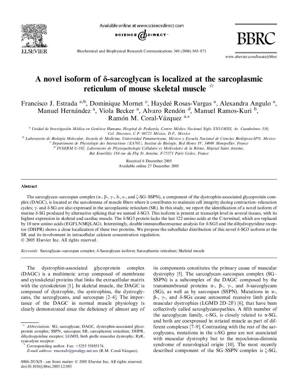 A novel isoform of δ-sarcoglycan is localized at the sarcoplasmic reticulum of mouse skeletal muscle 