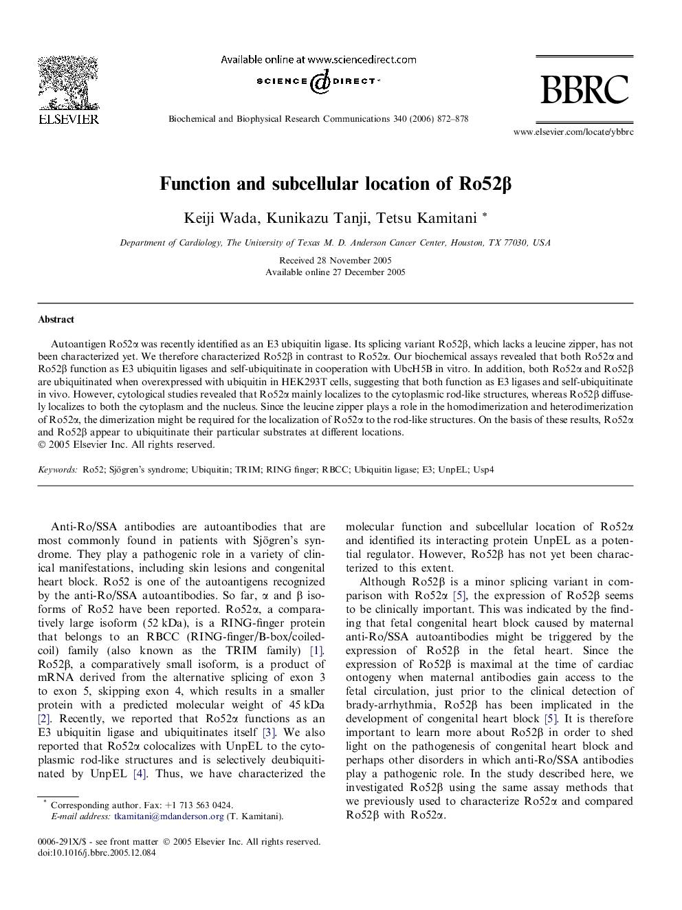 Function and subcellular location of Ro52β