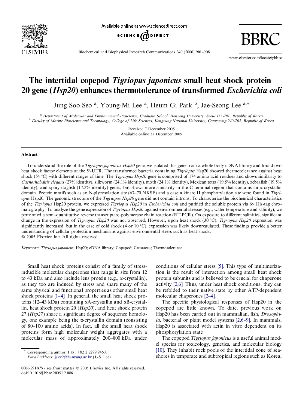 The intertidal copepod Tigriopus japonicus small heat shock protein 20 gene (Hsp20) enhances thermotolerance of transformed Escherichia coli