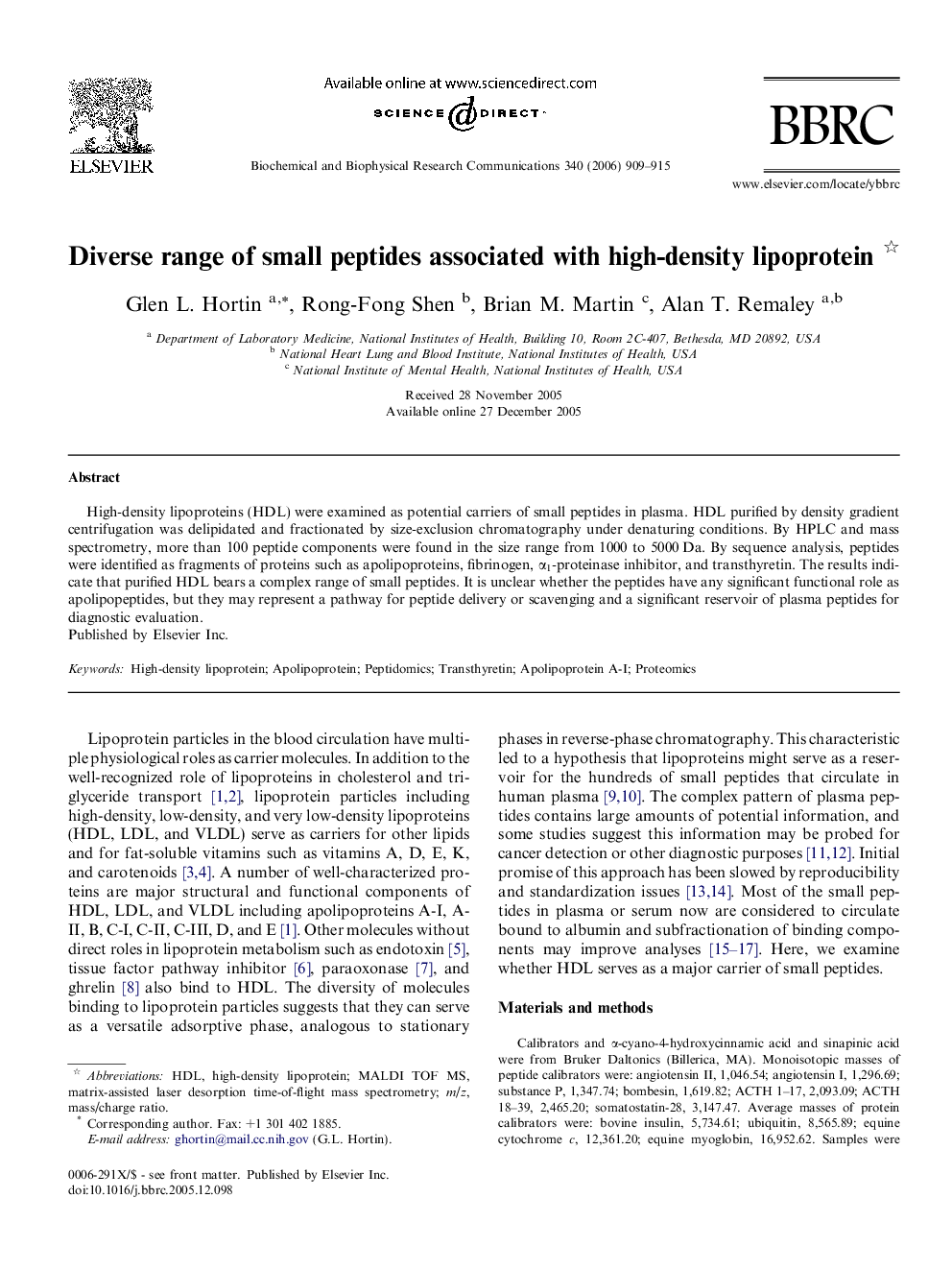 Diverse range of small peptides associated with high-density lipoprotein 