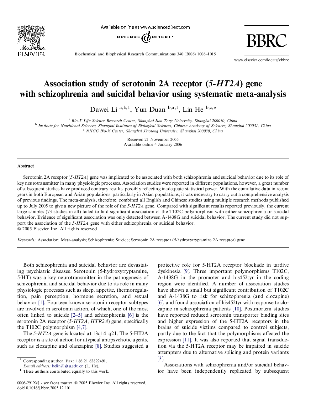 Association study of serotonin 2A receptor (5-HT2A) gene with schizophrenia and suicidal behavior using systematic meta-analysis