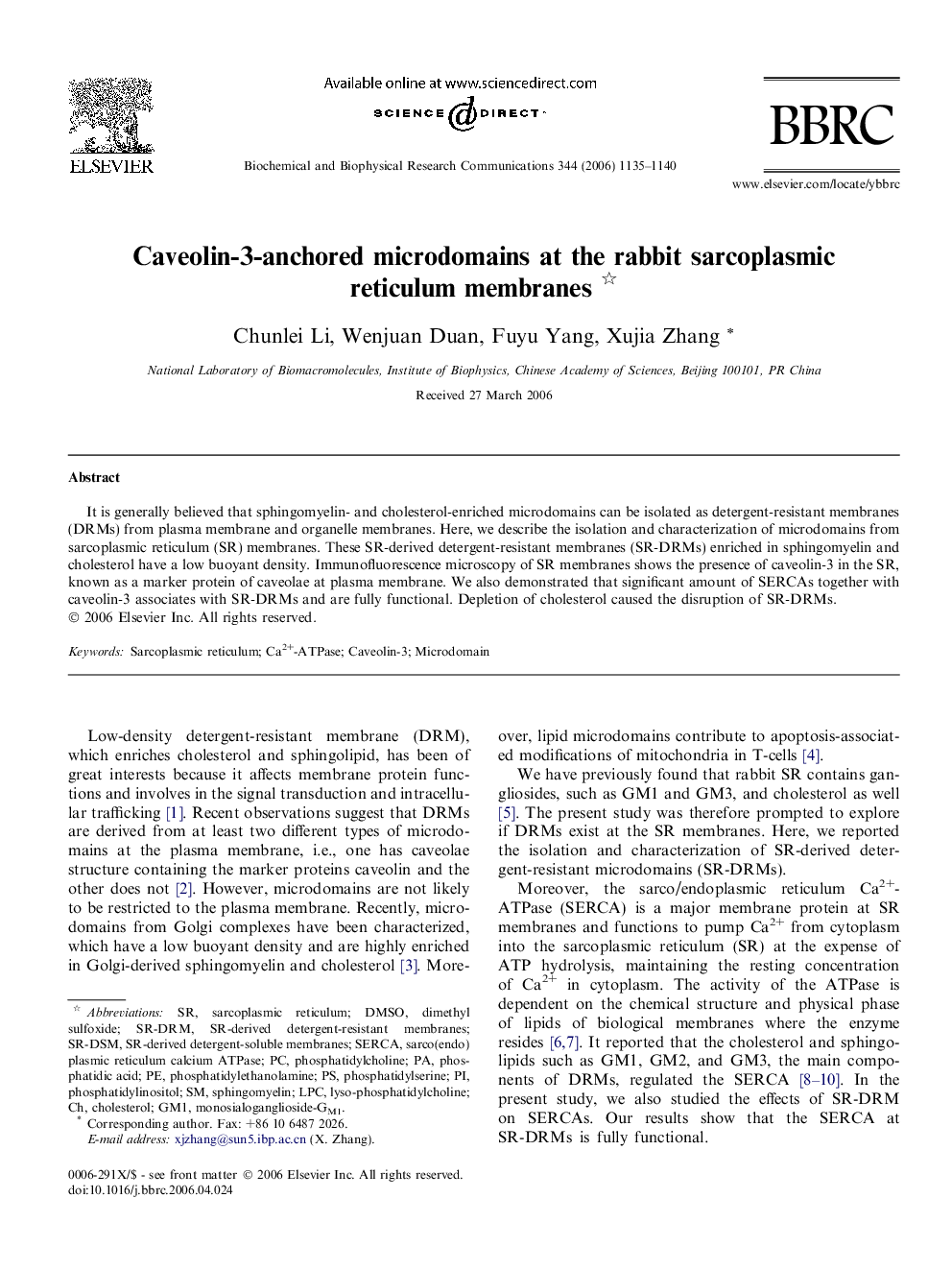 Caveolin-3-anchored microdomains at the rabbit sarcoplasmic reticulum membranes 