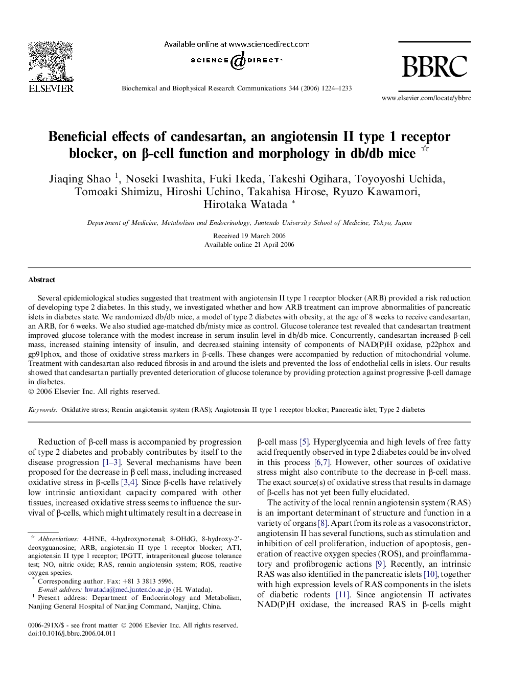 Beneficial effects of candesartan, an angiotensin II type 1 receptor blocker, on β-cell function and morphology in db/db mice 