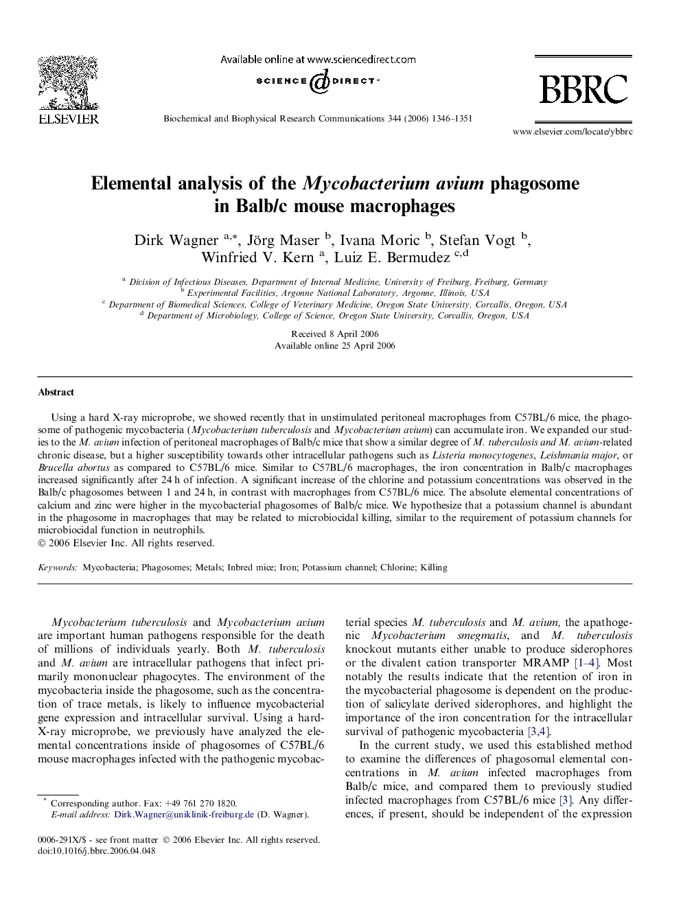 Elemental analysis of the Mycobacterium avium phagosome in Balb/c mouse macrophages