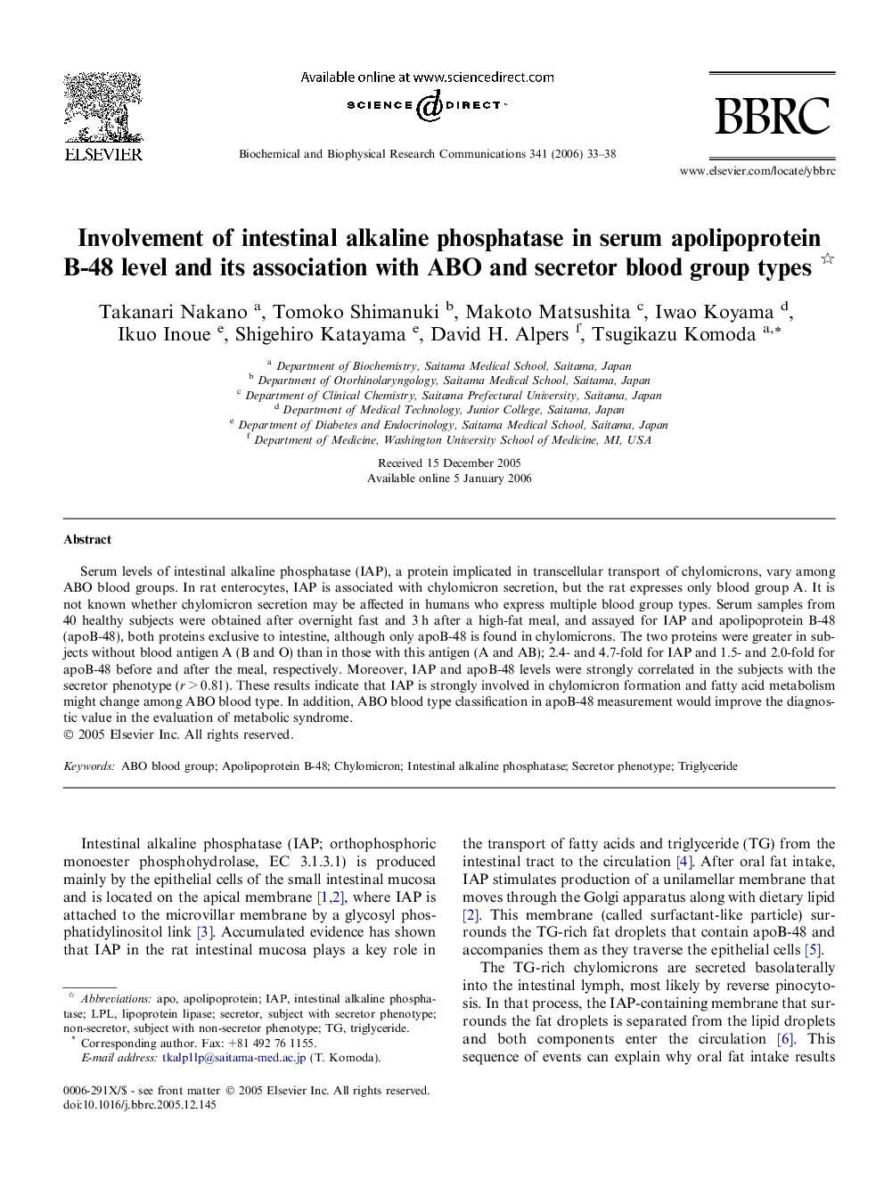 Involvement of intestinal alkaline phosphatase in serum apolipoprotein B-48 level and its association with ABO and secretor blood group types 