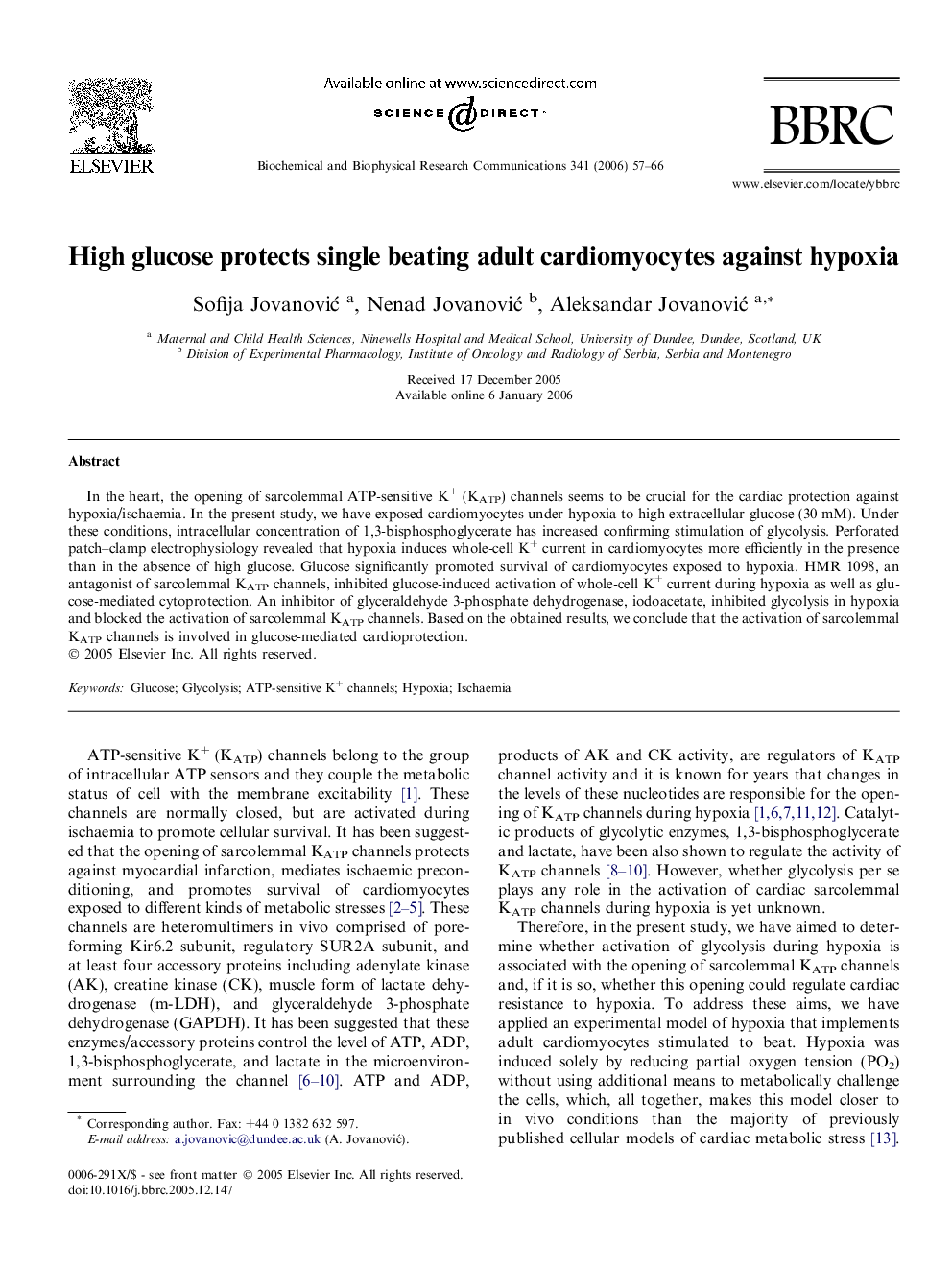 High glucose protects single beating adult cardiomyocytes against hypoxia