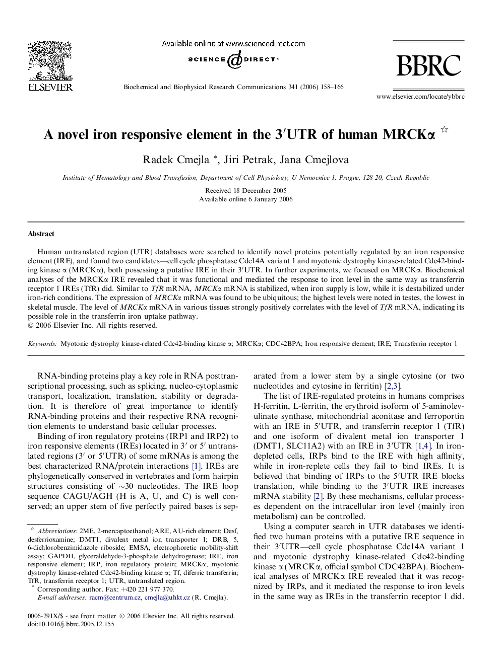 A novel iron responsive element in the 3′UTR of human MRCKα 