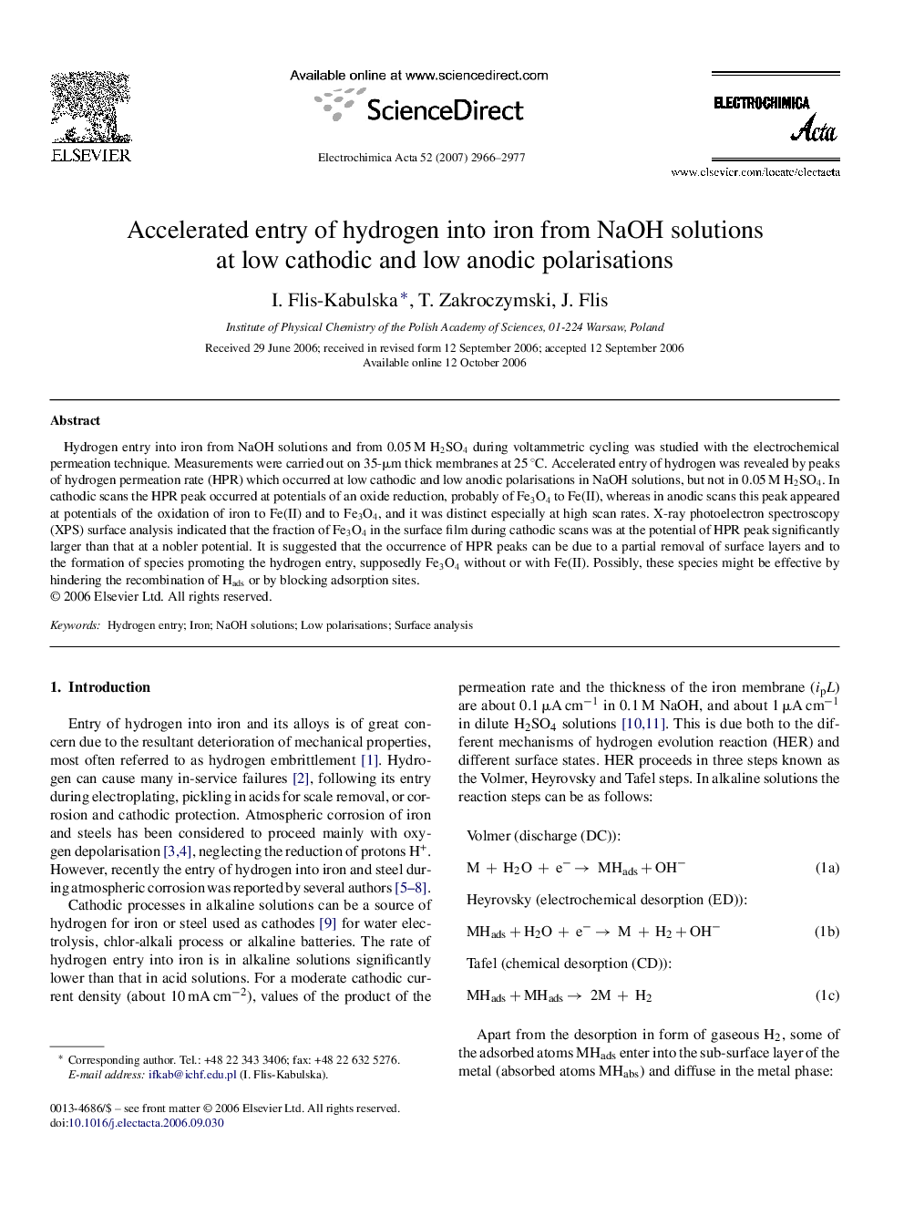 Accelerated entry of hydrogen into iron from NaOH solutions at low cathodic and low anodic polarisations