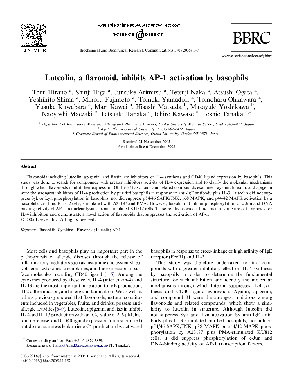 Luteolin, a flavonoid, inhibits AP-1 activation by basophils