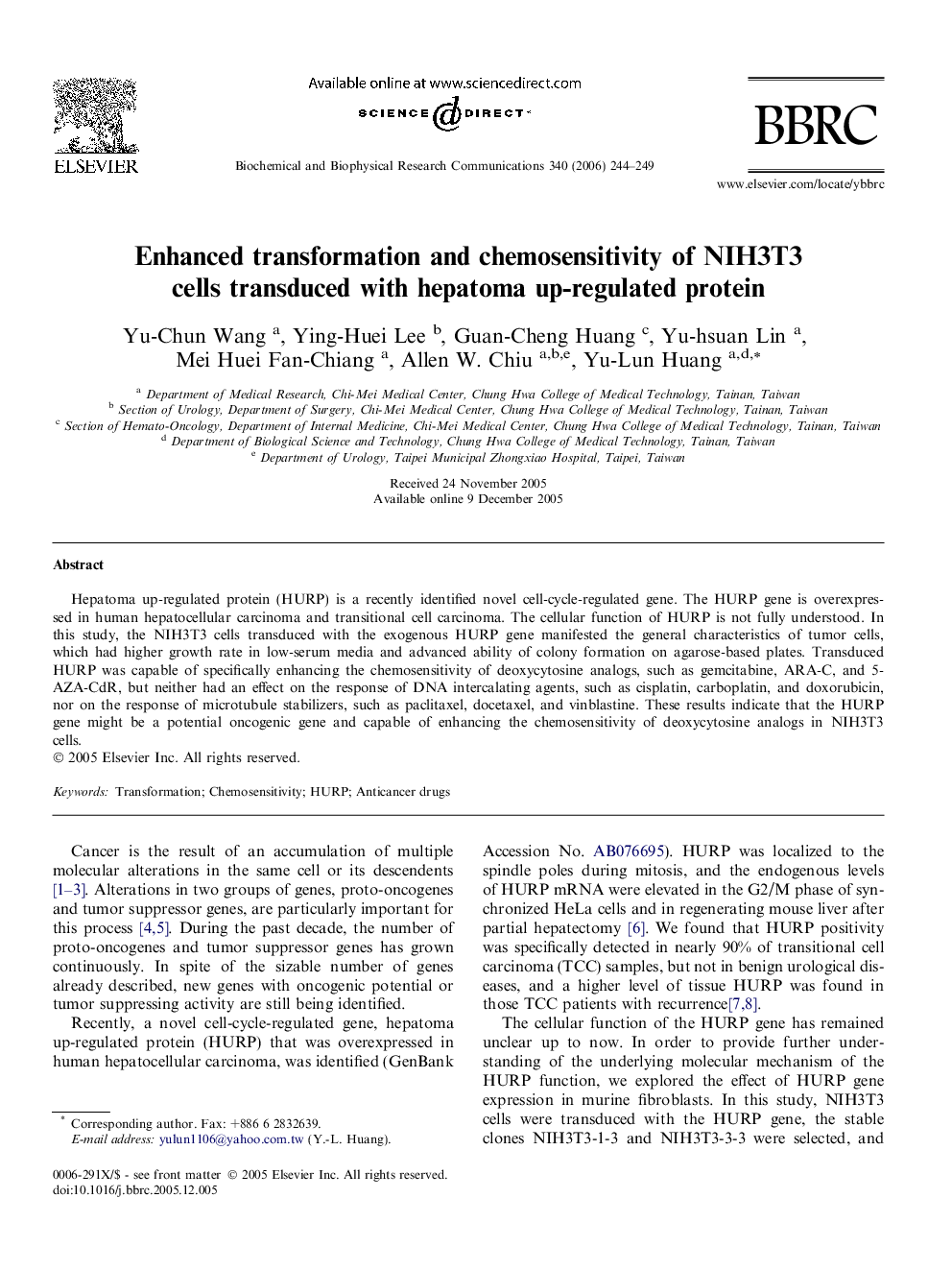 Enhanced transformation and chemosensitivity of NIH3T3 cells transduced with hepatoma up-regulated protein