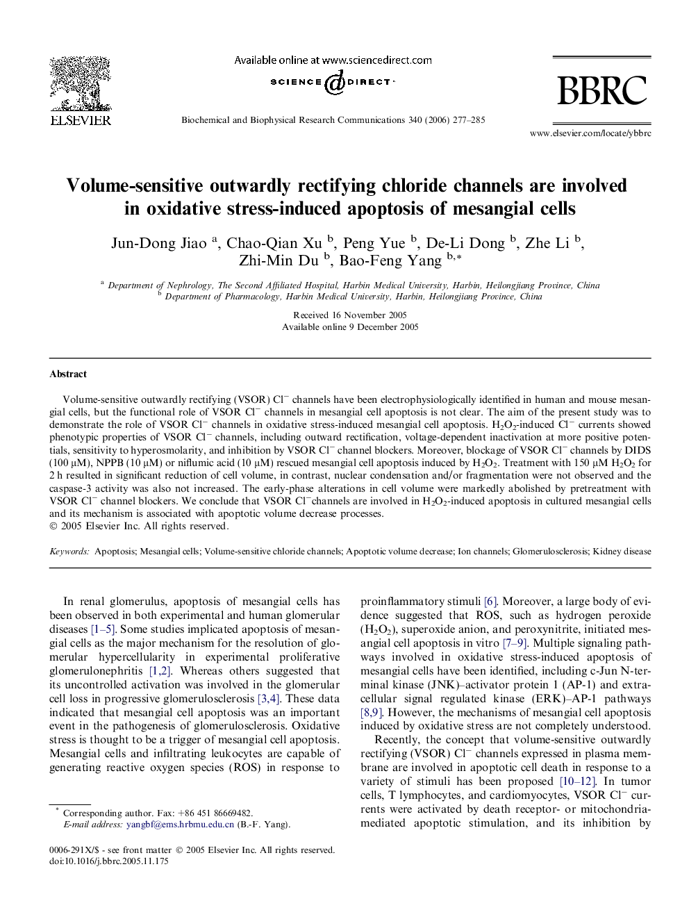 Volume-sensitive outwardly rectifying chloride channels are involved in oxidative stress-induced apoptosis of mesangial cells