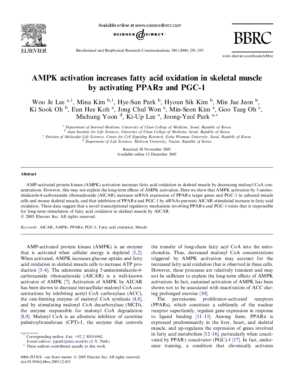 AMPK activation increases fatty acid oxidation in skeletal muscle by activating PPARα and PGC-1