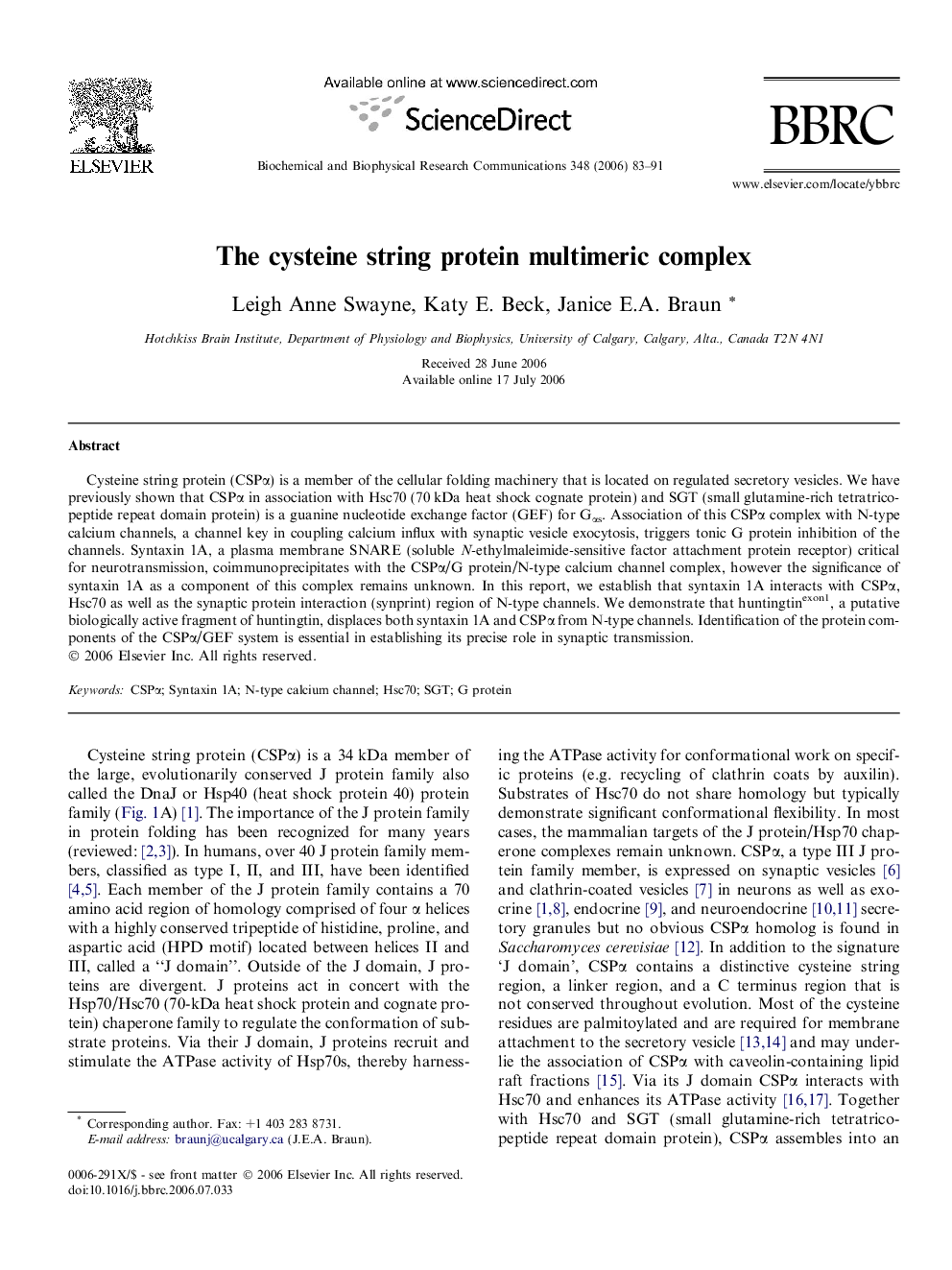 The cysteine string protein multimeric complex