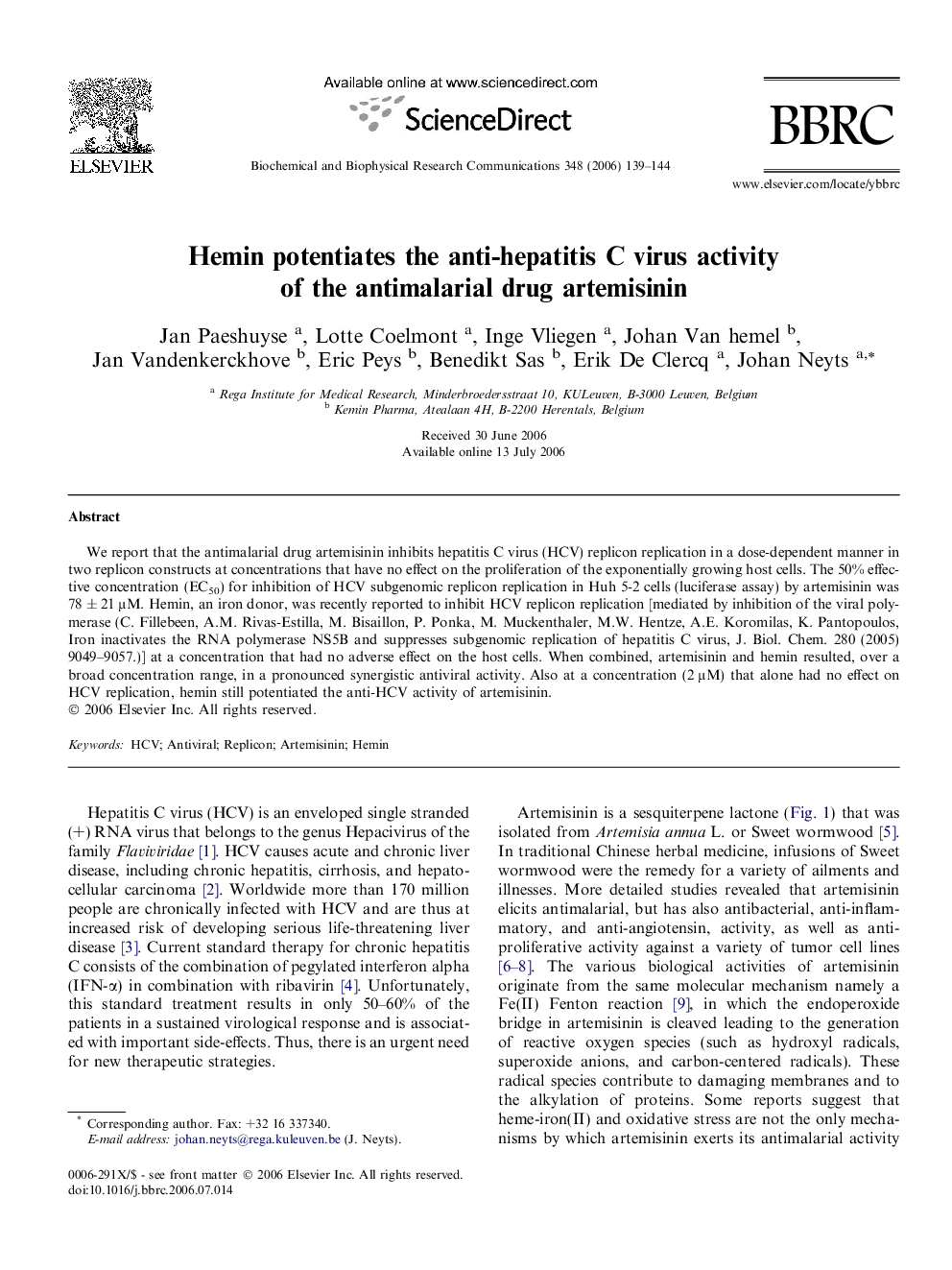 Hemin potentiates the anti-hepatitis C virus activity of the antimalarial drug artemisinin