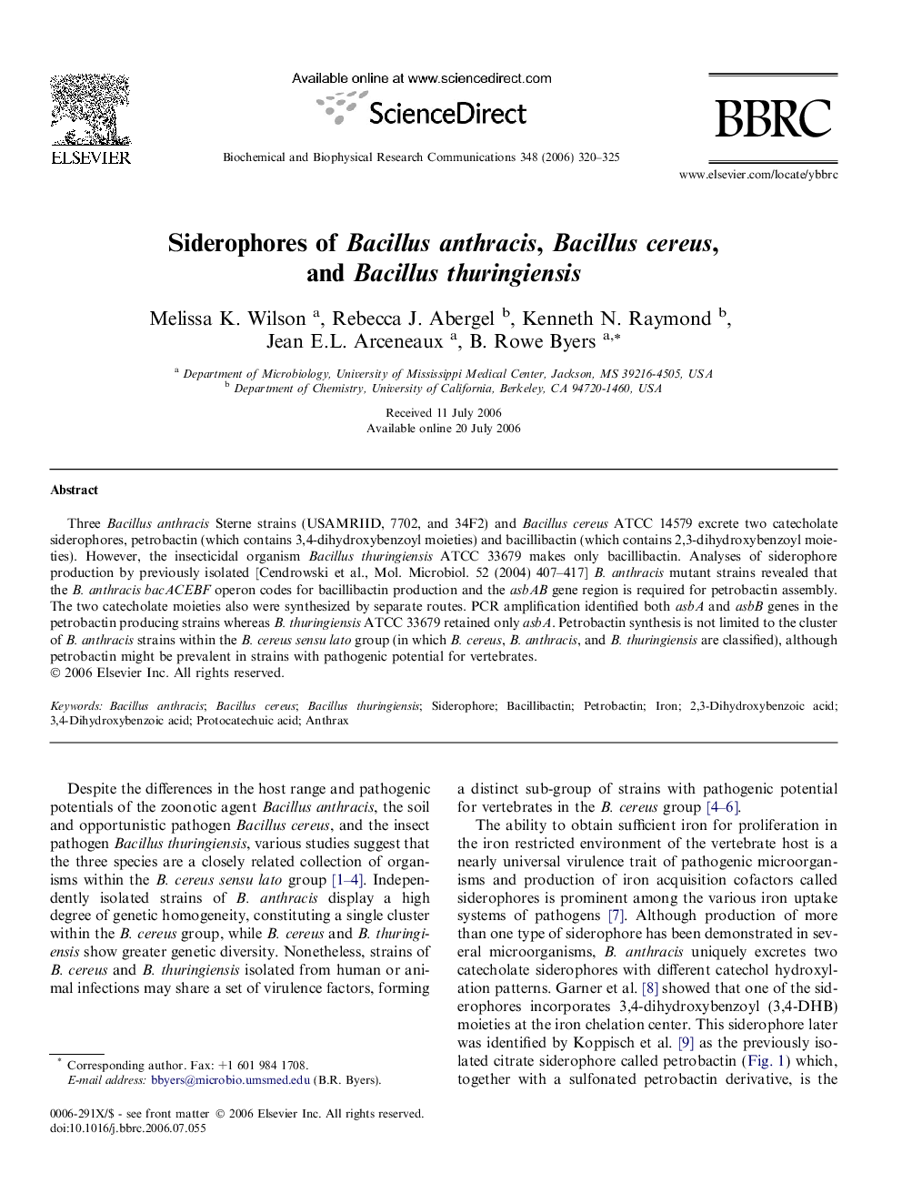 Siderophores of Bacillus anthracis, Bacillus cereus, and Bacillus thuringiensis