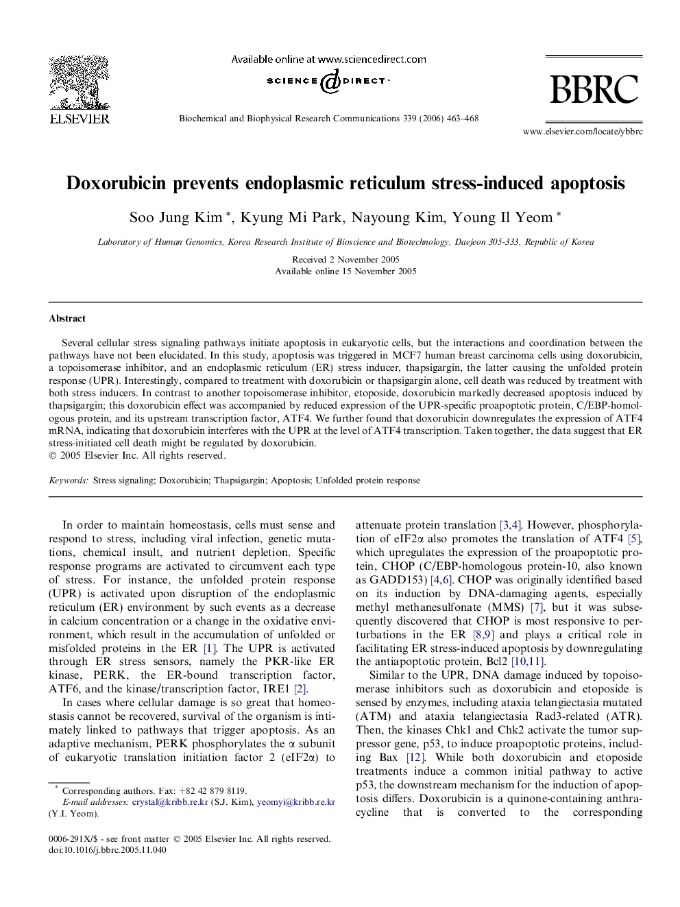 Doxorubicin prevents endoplasmic reticulum stress-induced apoptosis