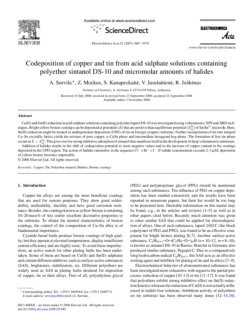 Codeposition of copper and tin from acid sulphate solutions containing polyether sintanol DS-10 and micromolar amounts of halides