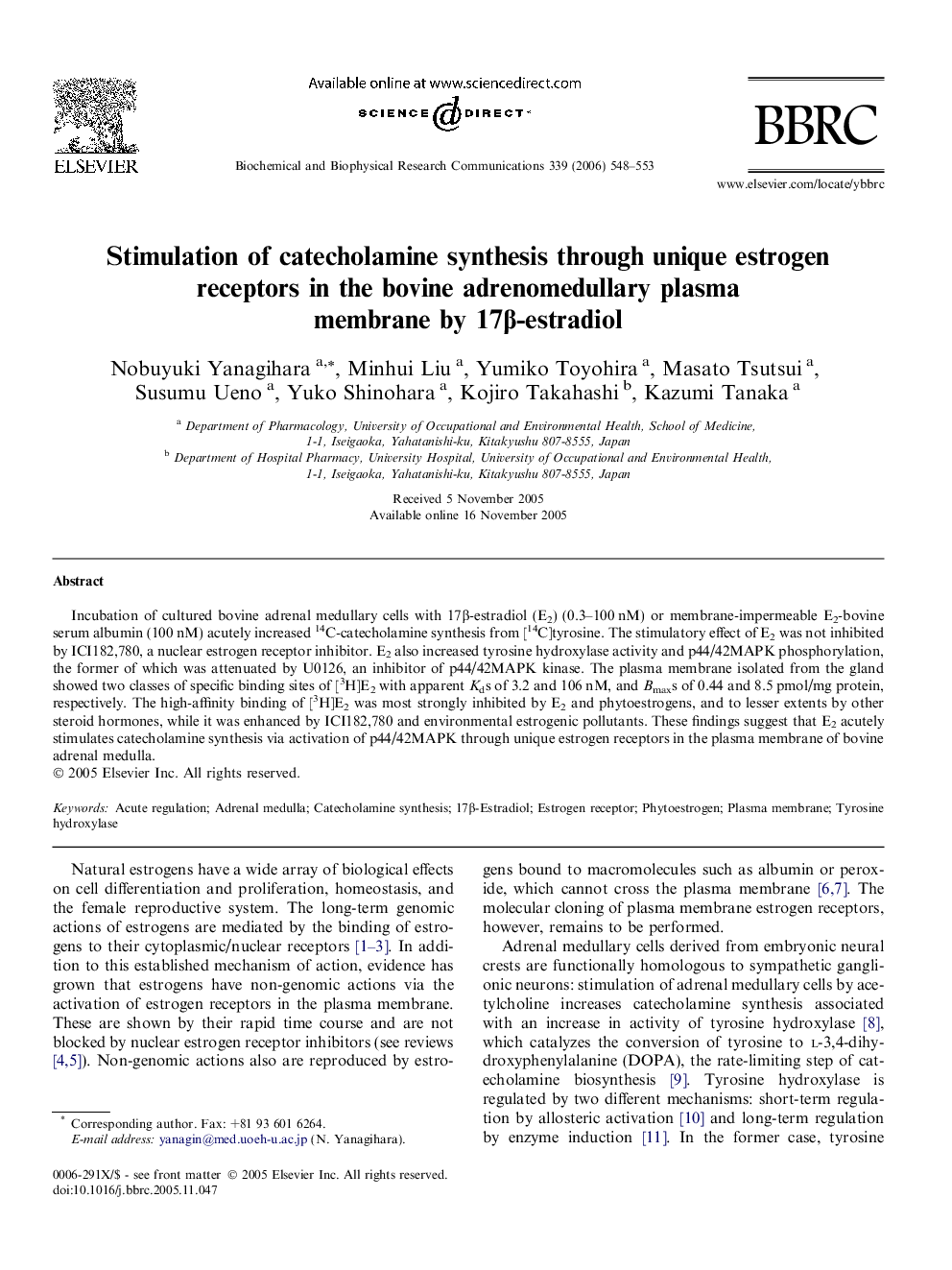 Stimulation of catecholamine synthesis through unique estrogen receptors in the bovine adrenomedullary plasma membrane by 17β-estradiol