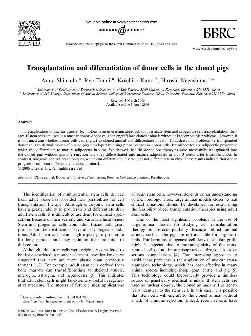 Transplantation and differentiation of donor cells in the cloned pigs