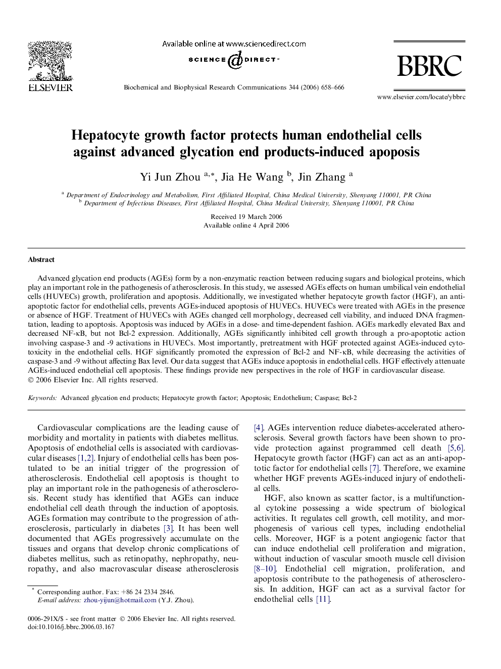 Hepatocyte growth factor protects human endothelial cells against advanced glycation end products-induced apoposis