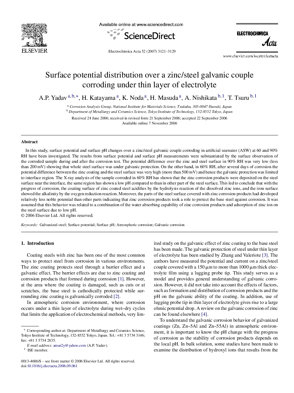 Surface potential distribution over a zinc/steel galvanic couple corroding under thin layer of electrolyte