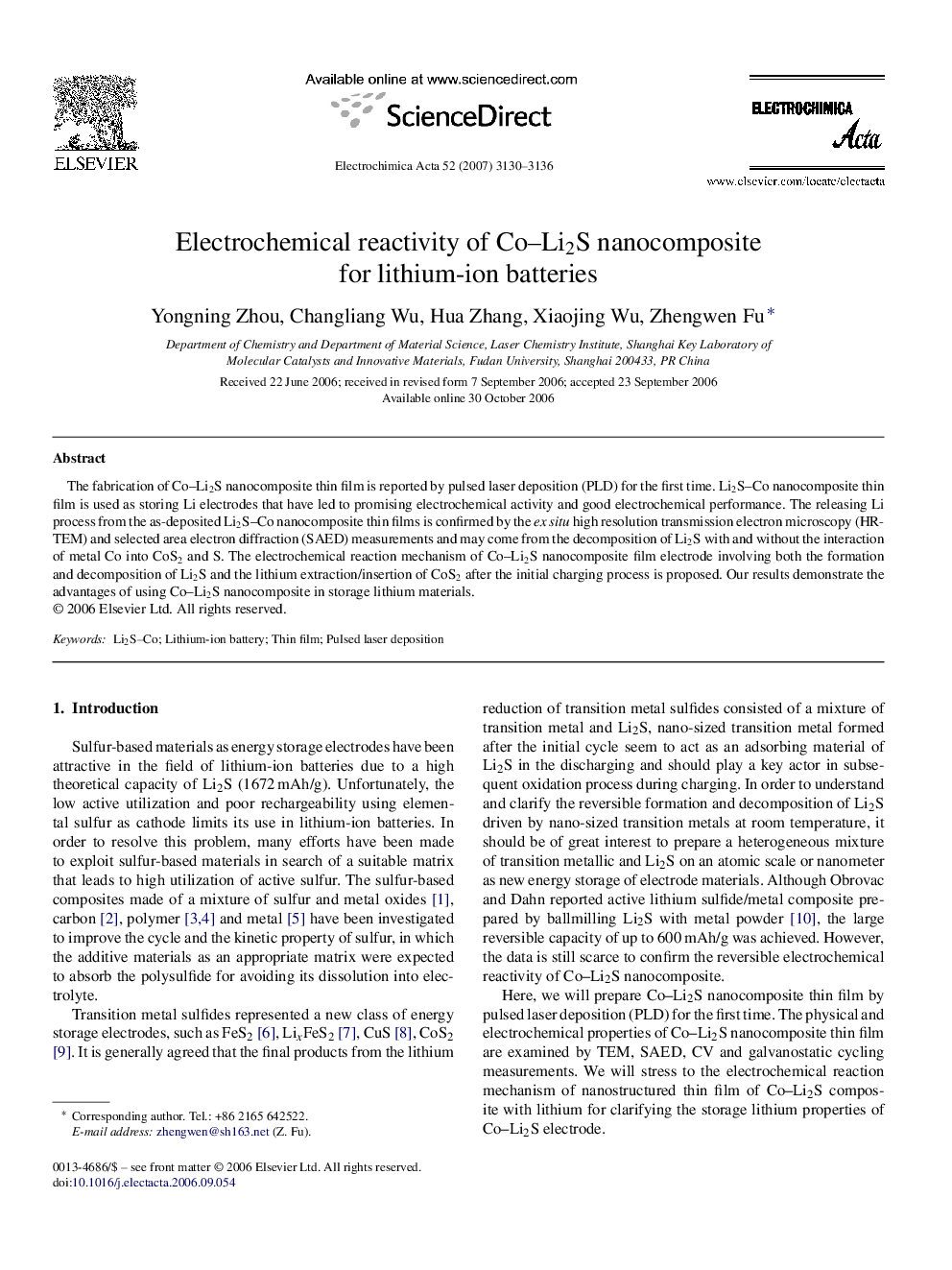 عکس صفحه اول مقاله: Electrochemical reactivity of Co–Li2S nanocomposite for lithium-ion batteries Electrochemical reactivity of Co–Li2S nanocomposite for lithium-ion batteries