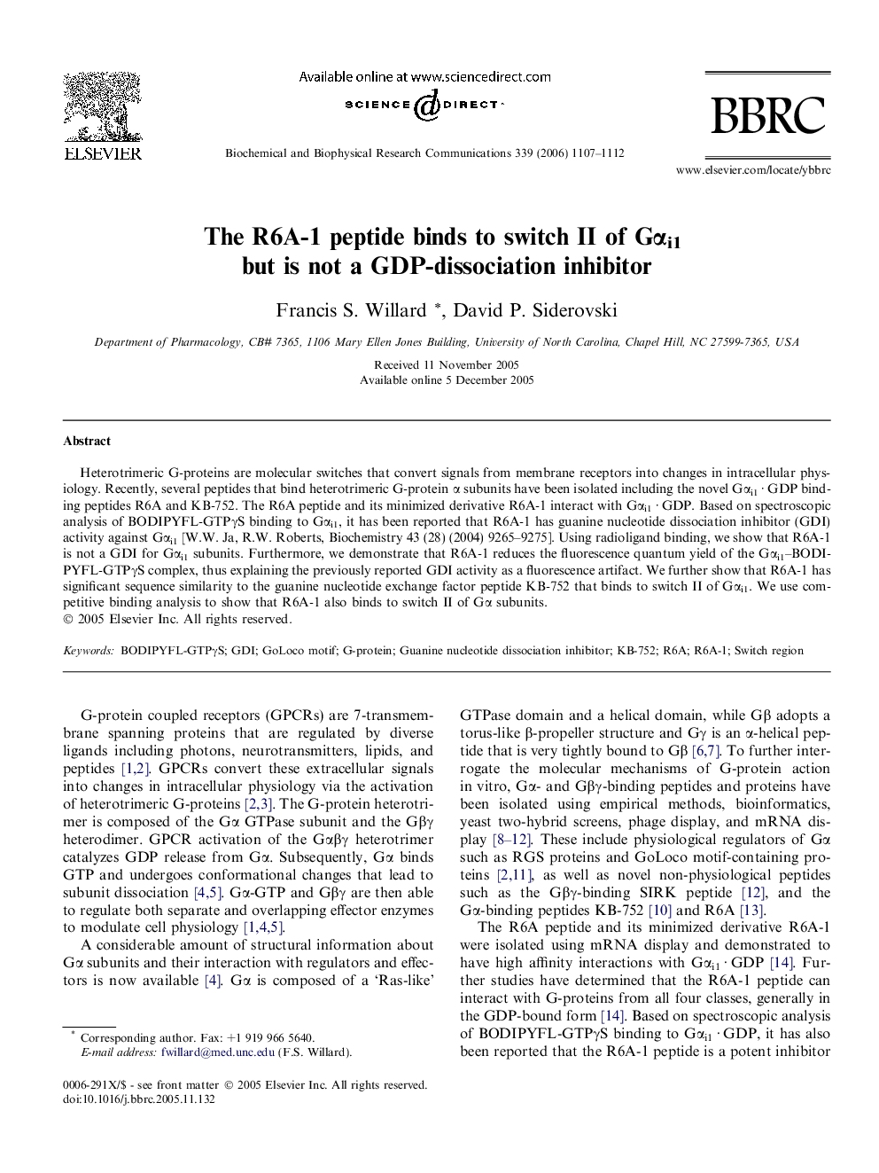 The R6A-1 peptide binds to switch II of Gαi1 but is not a GDP-dissociation inhibitor