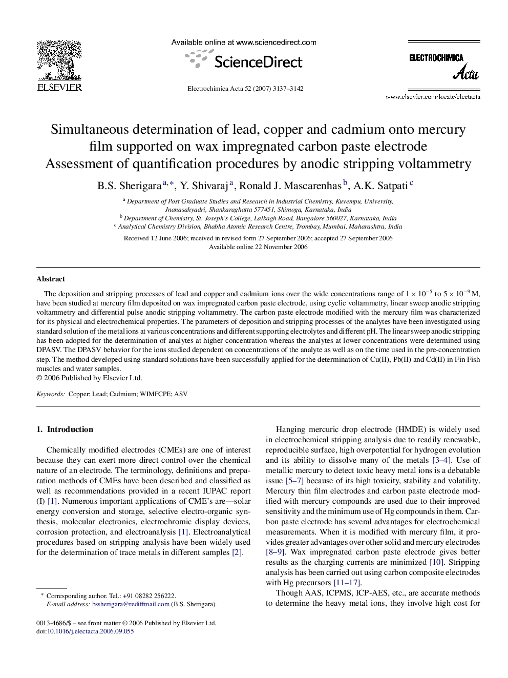 عکس صفحه اول مقاله: Simultaneous determination of lead, copper and cadmium onto mercury film supported on wax impregnated carbon paste electrode: Assessment of quantification procedures by anodic stripping voltammetry Simultaneous determination of lead, copper and cadmium onto mercury film supported on wax impregnated carbon paste electrode: Assessment of quantification procedures by anodic stripping voltammetry