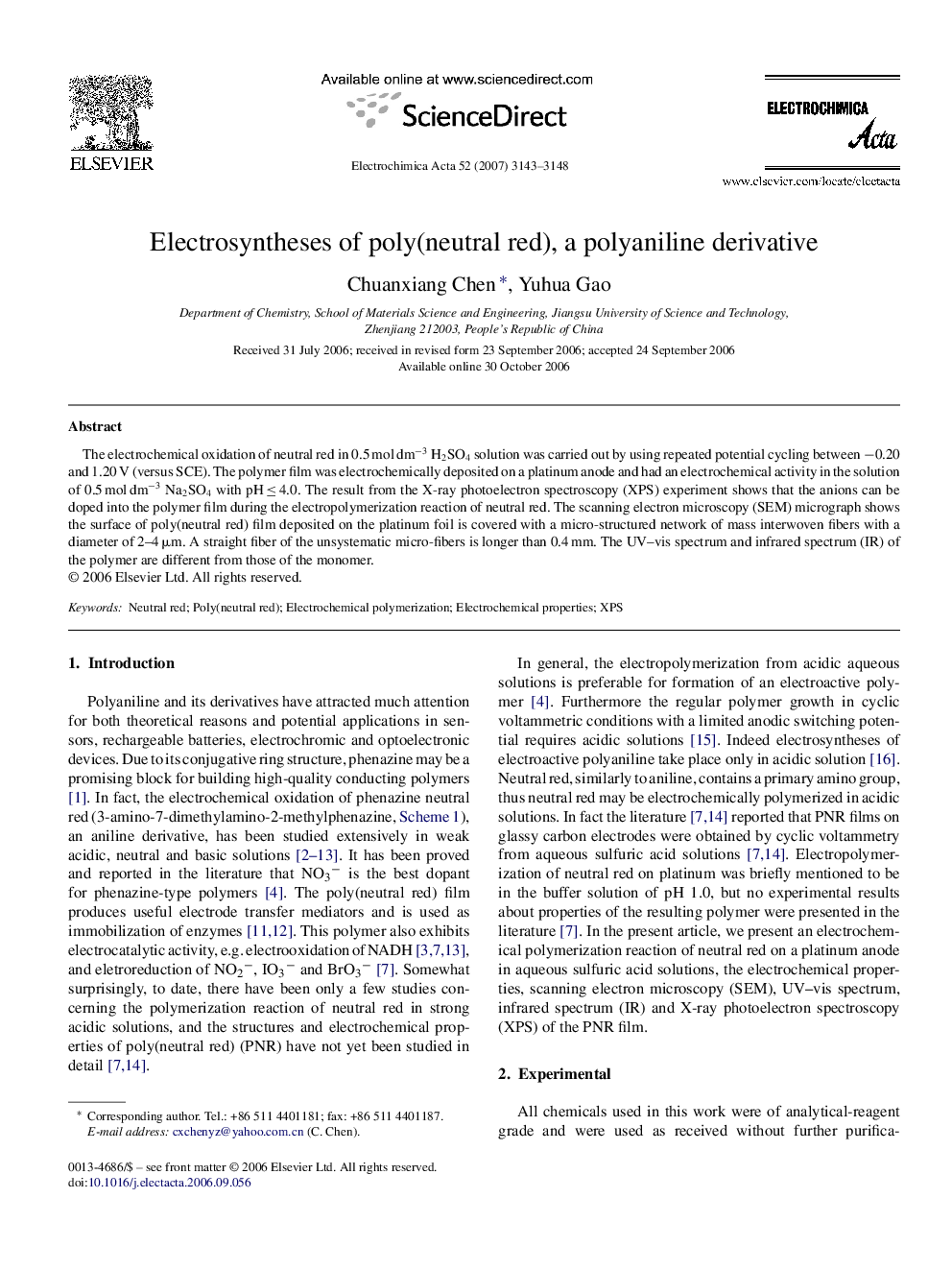 Electrosyntheses of poly(neutral red), a polyaniline derivative