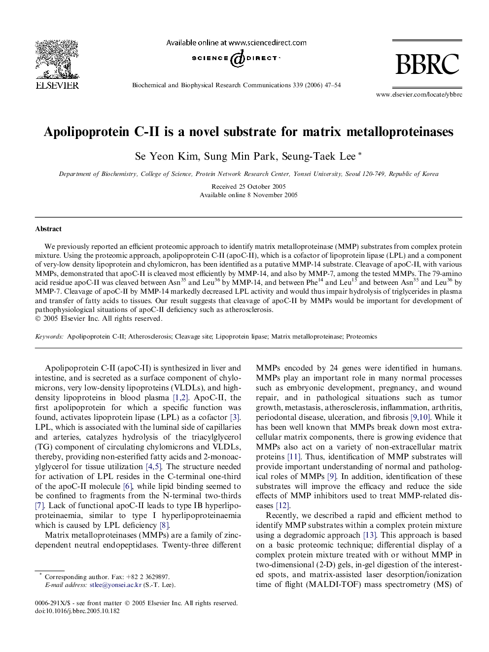 Apolipoprotein C-II is a novel substrate for matrix metalloproteinases