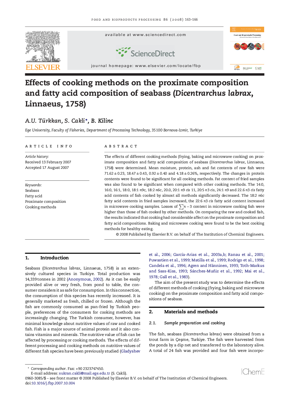 Effects of cooking methods on the proximate composition and fatty acid composition of seabass (Dicentrarchus labrax, Linnaeus, 1758)