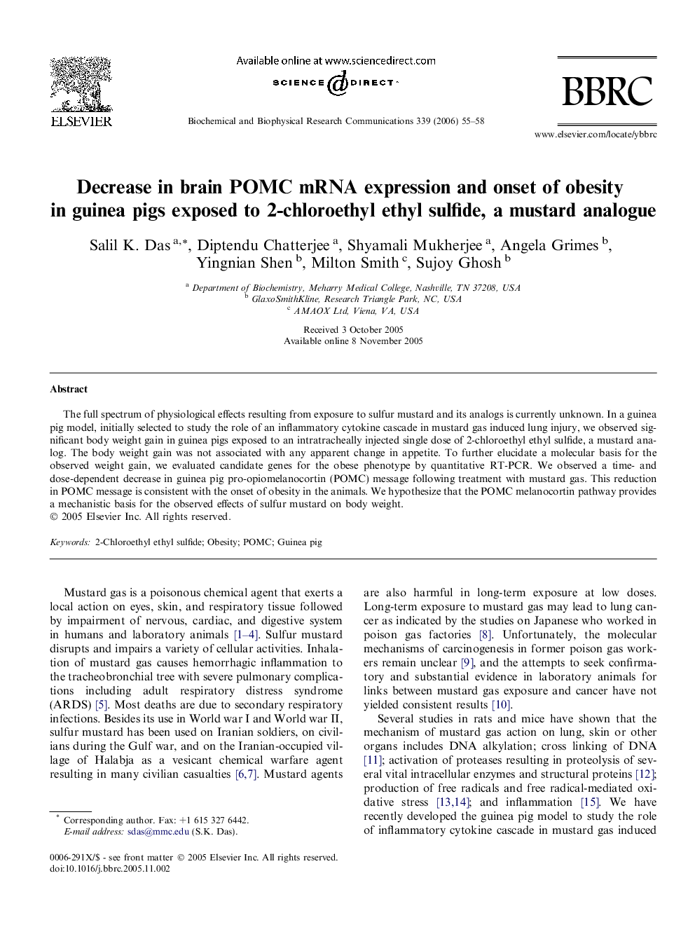 Decrease in brain POMC mRNA expression and onset of obesity in guinea pigs exposed to 2-chloroethyl ethyl sulfide, a mustard analogue