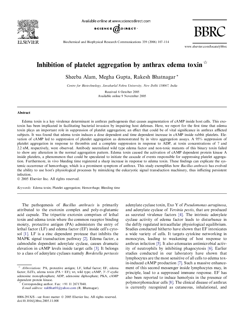 Inhibition of platelet aggregation by anthrax edema toxin 