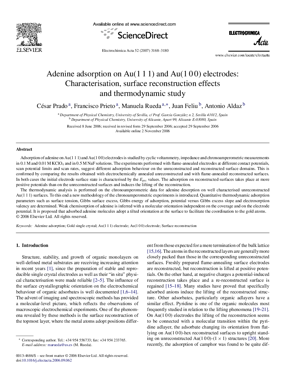 عکس صفحه اول مقاله: Adenine adsorption on Au(1 1 1) and Au(1 0 0) electrodes: Characterisation, surface reconstruction effects and thermodynamic study Adenine adsorption on Au(1 1 1) and Au(1 0 0) electrodes: Characterisation, surface reconstruction effects and thermodynamic study