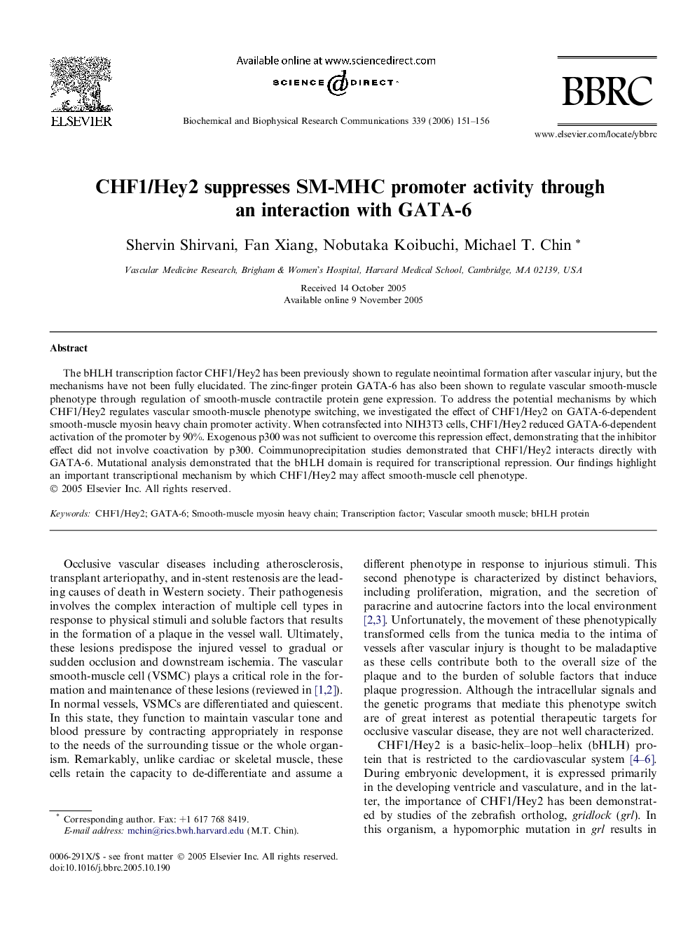 CHF1/Hey2 suppresses SM-MHC promoter activity through an interaction with GATA-6