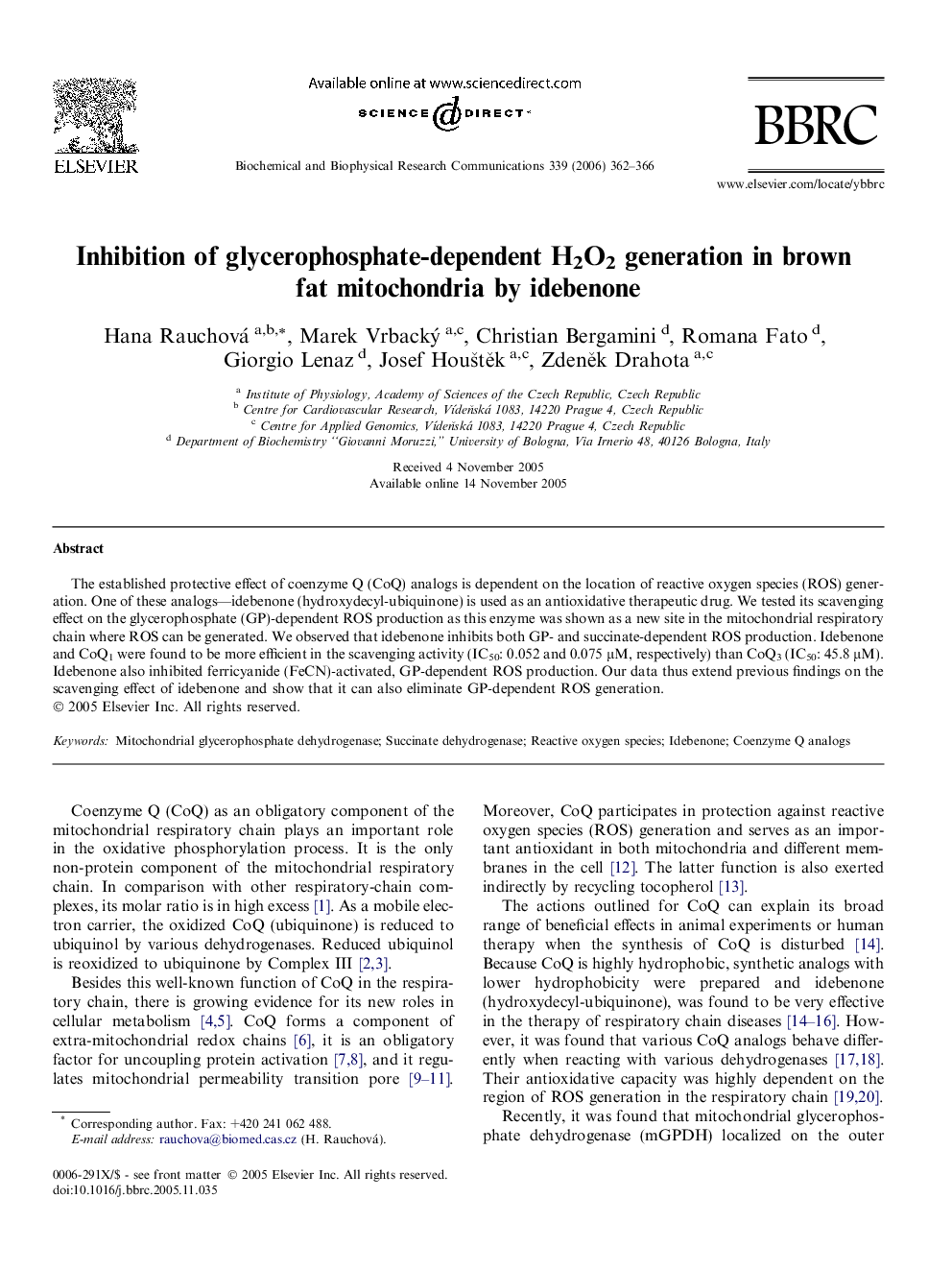 Inhibition of glycerophosphate-dependent H2O2 generation in brown fat mitochondria by idebenone