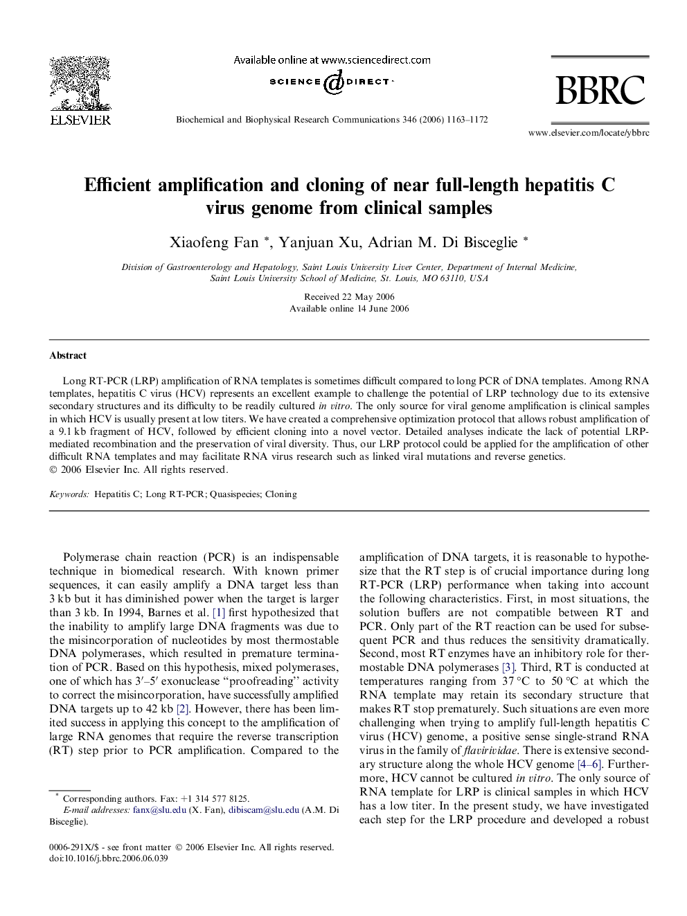 Efficient amplification and cloning of near full-length hepatitis C virus genome from clinical samples