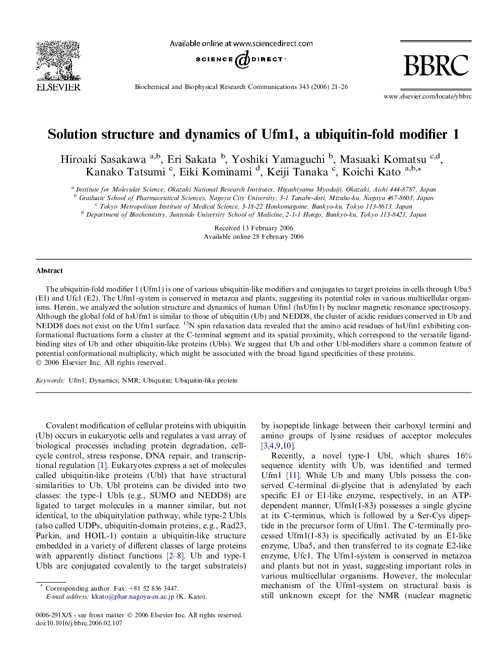 Solution structure and dynamics of Ufm1, a ubiquitin-fold modifier 1