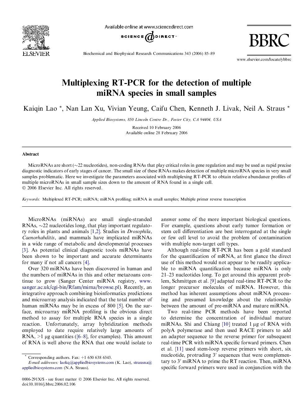 Multiplexing RT-PCR for the detection of multiple miRNA species in small samples