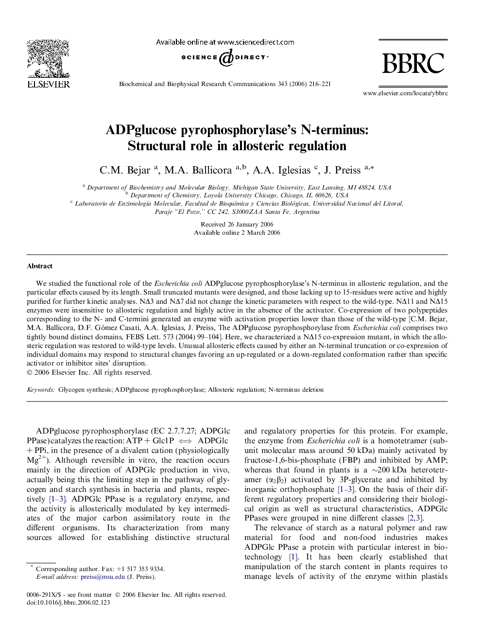 ADPglucose pyrophosphorylase's N-terminus: Structural role in allosteric regulation