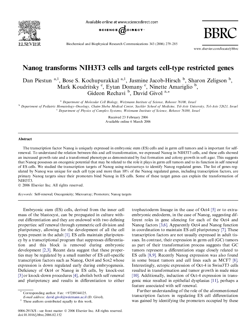 Nanog transforms NIH3T3 cells and targets cell-type restricted genes