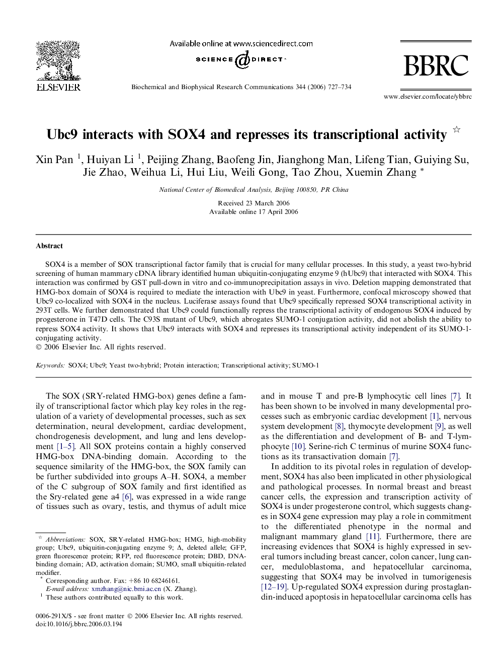 Ubc9 interacts with SOX4 and represses its transcriptional activity 