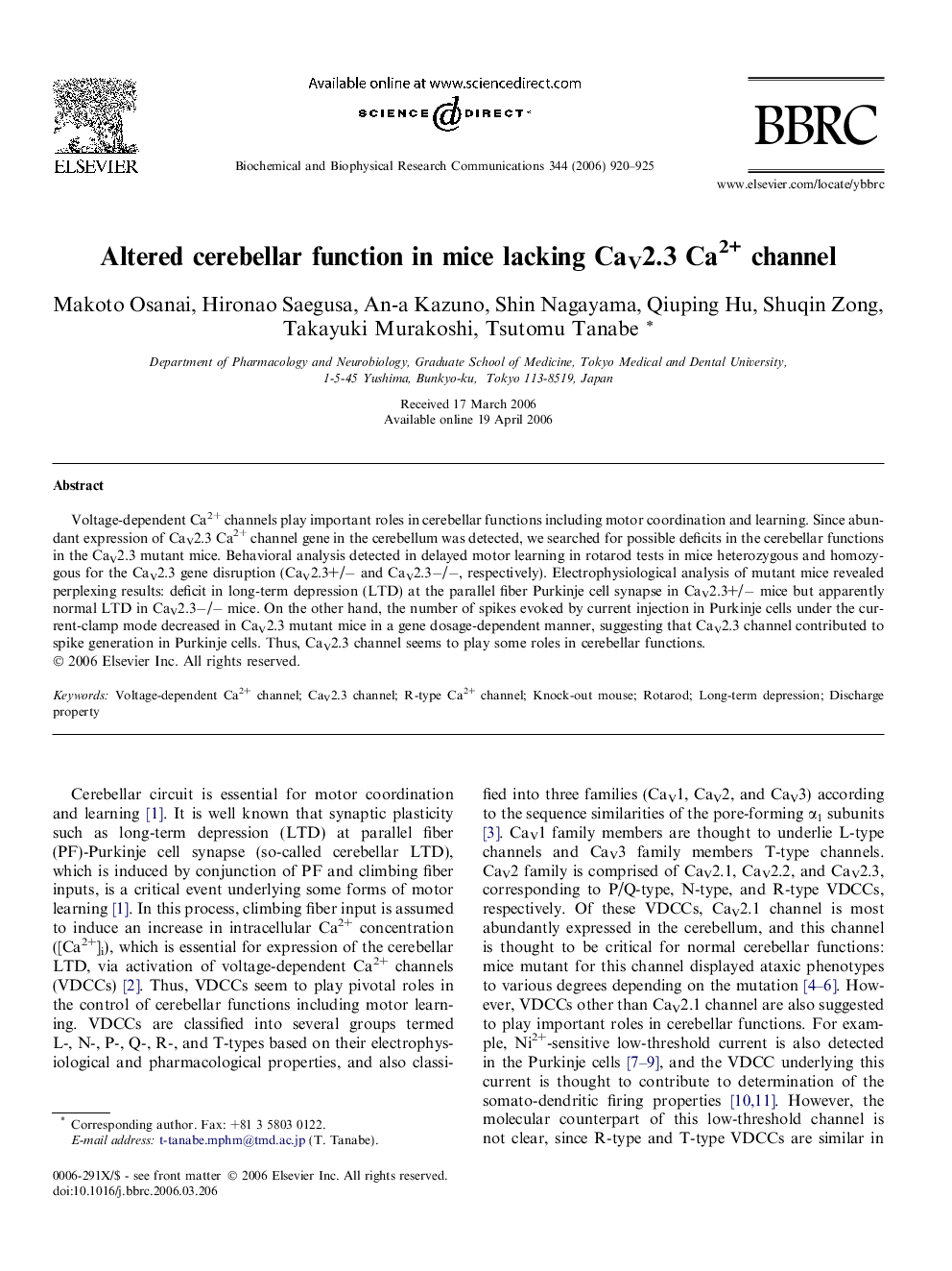 Altered cerebellar function in mice lacking CaV2.3 Ca2+ channel