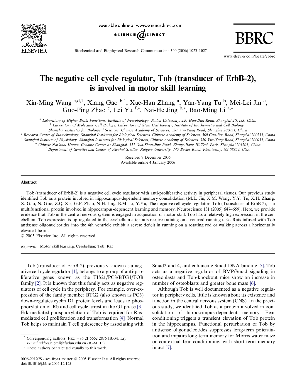 The negative cell cycle regulator, Tob (transducer of ErbB-2), is involved in motor skill learning