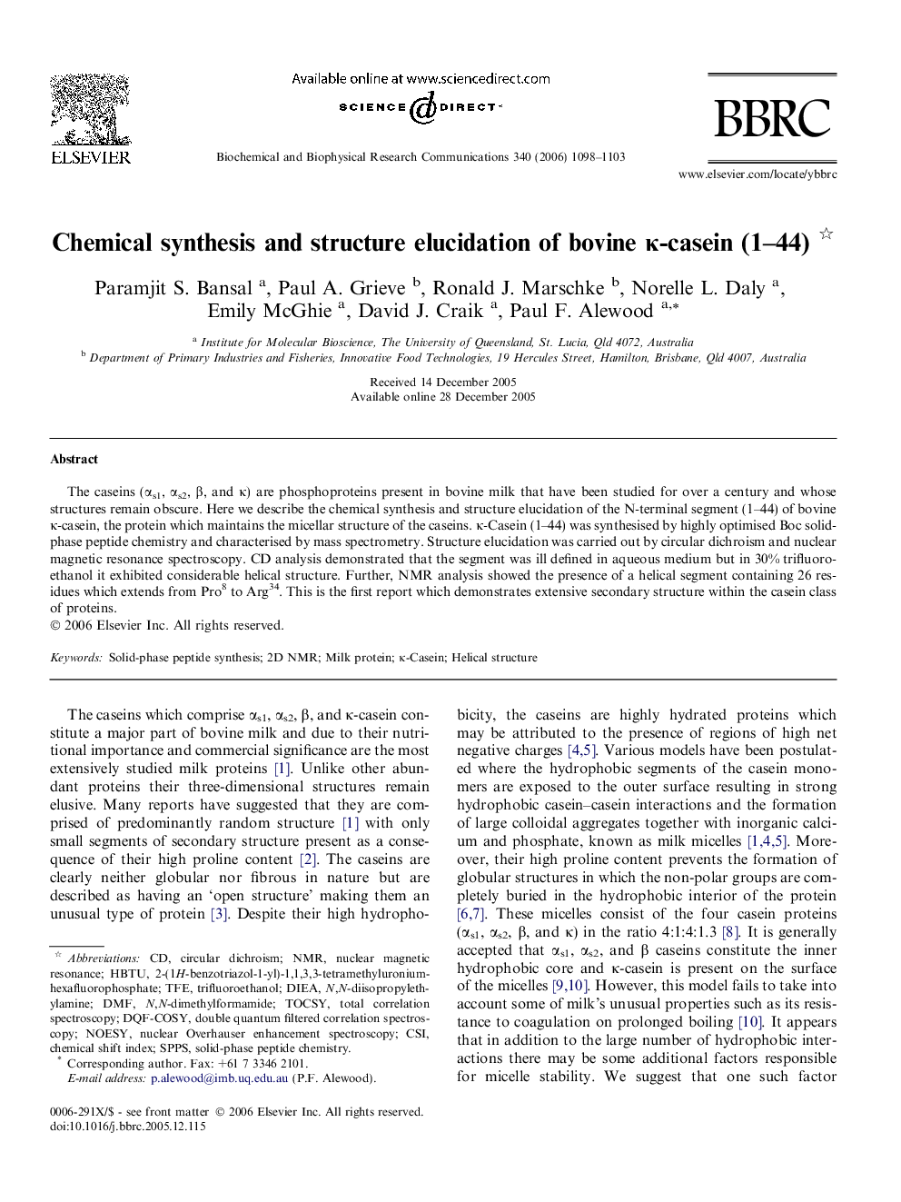 Chemical synthesis and structure elucidation of bovine κ-casein (1–44) 